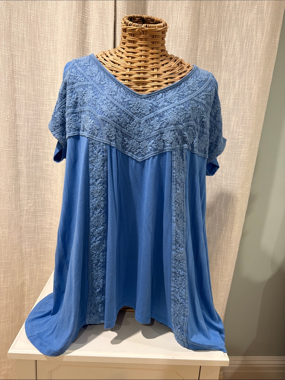 Roaman's Blue Lace Yoke V-Neck Tunic